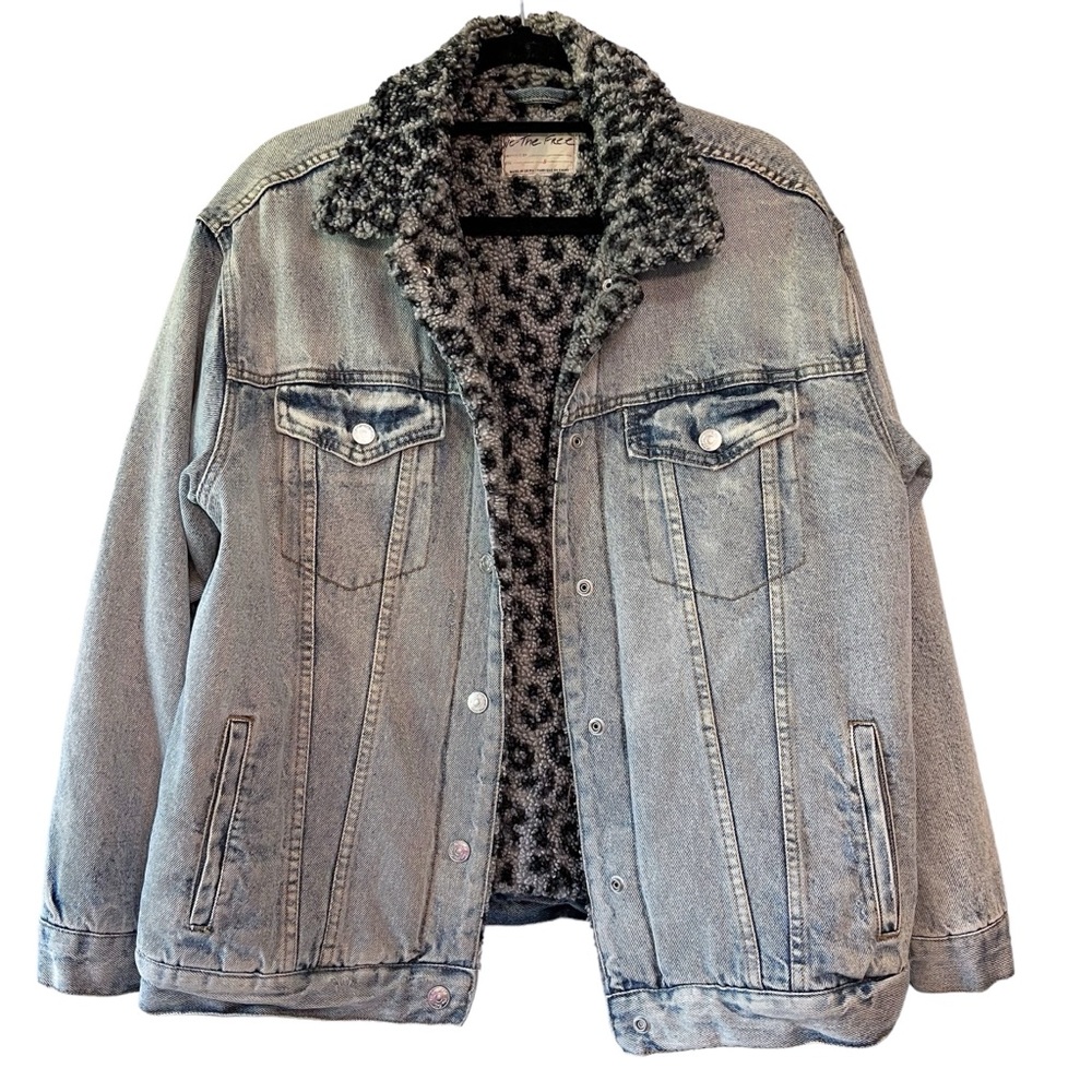 Free People Wild Ones Animal Print Sherpa Lined Denim Trucker Jacket Blue Small